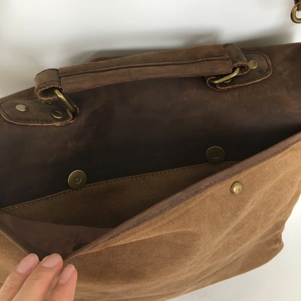 Genuine Leather Brown Canvas Vintage Style Laptop Messenger Bag Satchel